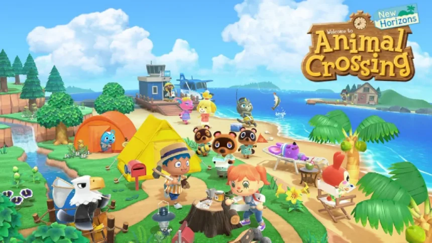Escena de Animal Crossing: New Horizons con varios personajes en una isla, tiendas de campaña, palmeras, playa, vecinos pescando, descansando y realizando actividades