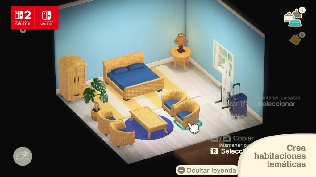 Pantalla del editor de interiores en Animal Crossing: New Horizons mostrando una habitación