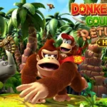 Donkey Kong y Diddy Kong corriendo por una jungla llena de palmeras, con enemigos y tótems al fondo, junto al logo de Donkey Kong Country Returns HD.