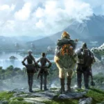 Ilustración panorámica de cuatro aventureros —uno montado en un chocobo— observando un paisaje de Final Fantasy