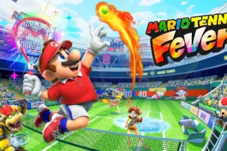 Ilustración de Mario Tennis Fever con Mario saltando para golpear una pelota de tenis en llamas dentro de un estadio, acompañado por personajes como Bowser, Peach, Daisy y Toad