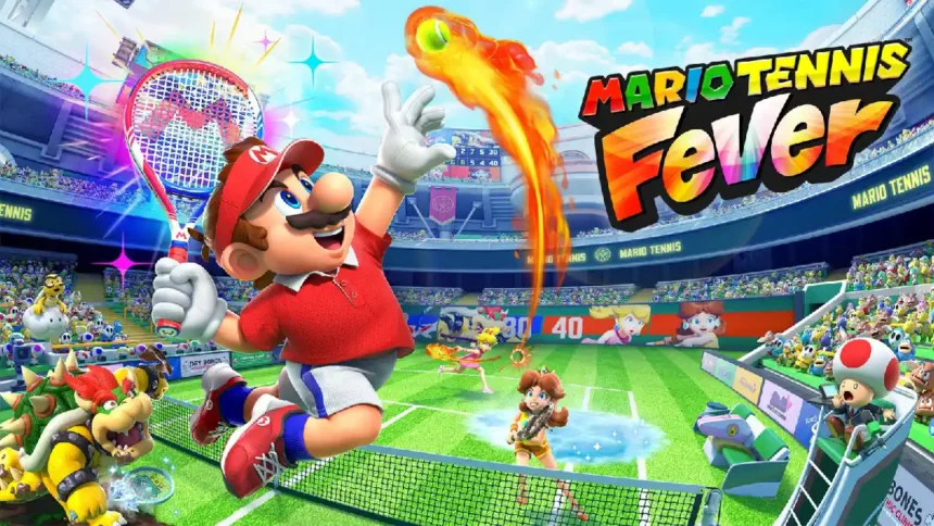 Ilustración de Mario Tennis Fever con Mario saltando para golpear una pelota de tenis en llamas dentro de un estadio, acompañado por personajes como Bowser, Peach, Daisy y Toad