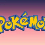Logotipo de Pokémon con letras amarillas y borde azul sobre un fondo degradado púrpura y rosa