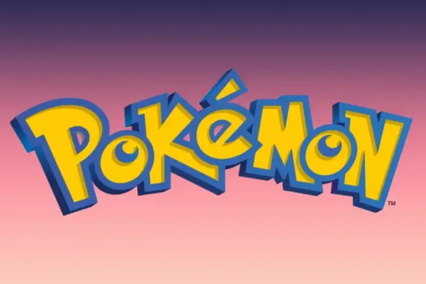 Logotipo de Pokémon con letras amarillas y borde azul sobre un fondo degradado púrpura y rosa