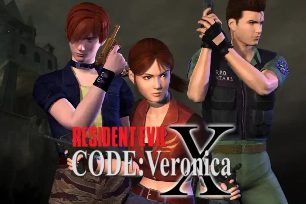 Imagen promocional de Resident Evil Code: Veronica X con Claire Redfield en el centro, acompañada por Steve Burnside y Chris Redfield