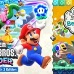 Arte promocional de Super Mario Bros. Wonder para Nintendo Switch 2 con Mario, Luigi, Peach, Daisy, Yoshi y Estela