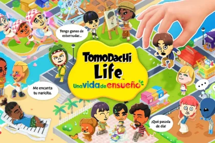 Arte promocional de Tomodachi Life: Una vida de ensueño con varios personajes Mii interactuando en una isla llena de actividades.
