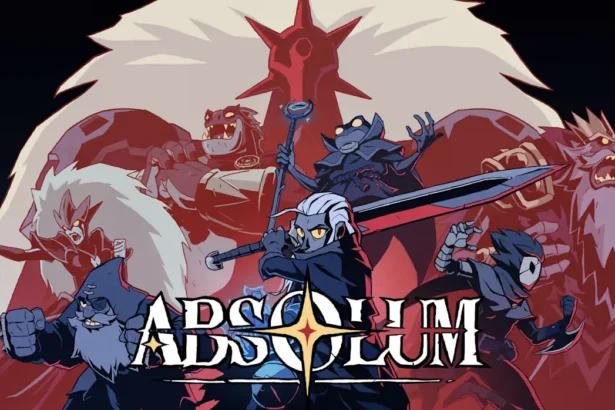 Ilustración promocional de Absolum con los personajes principales y el logo del juego en estilo cómic.