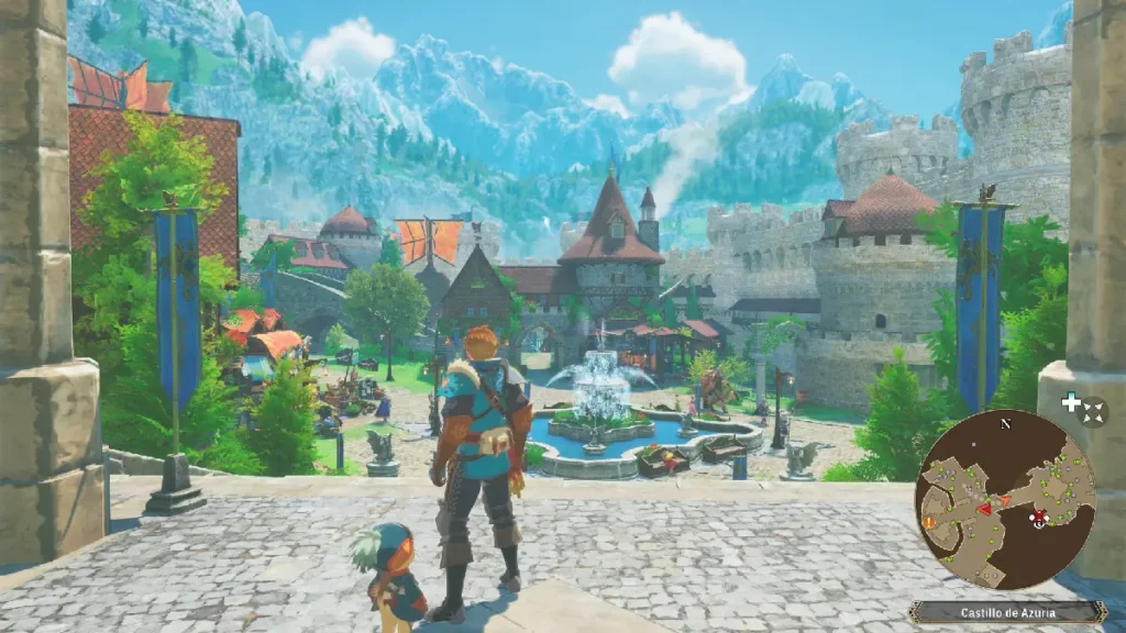 Personaje principal y su compañero observando la plaza del Castillo de Azuria en Monster Hunter Stories 3 durante la demo