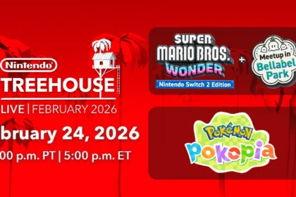 Imagen promocional de Nintendo Treehouse Live de febrero de 2026 con Super Mario Bros. Wonder – Nintendo Switch 2 Edition + Meetup in Bellabel Park y Pokémon Pokopia