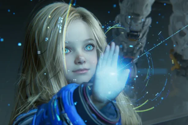 Captura de Pragmata en Nintendo Switch 2 mostrando a Diana interactuando con una interfaz holográfica