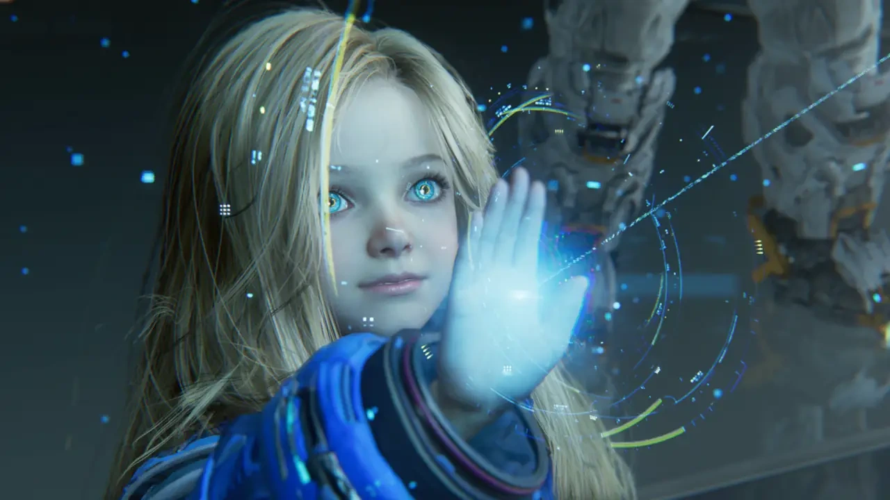 Captura de Pragmata en Nintendo Switch 2 mostrando a Diana interactuando con una interfaz holográfica