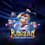 Ilustración promocional de Rayman 30th Anniversary Edition con Rayman y Mr. Dark sobre fondo azul oscuro