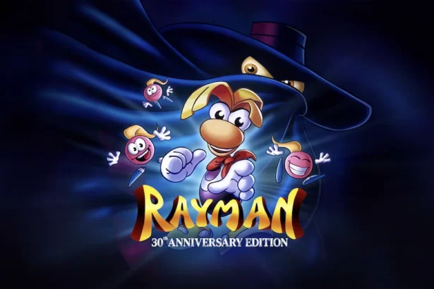 Ilustración promocional de Rayman 30th Anniversary Edition con Rayman y Mr. Dark sobre fondo azul oscuro