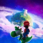 Mario y Yoshi observan un planeta galáctico en una imagen promocional de Super Mario Galaxy La Película