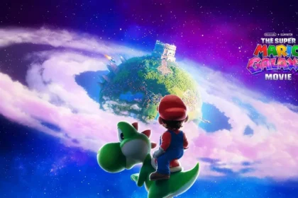 Mario y Yoshi observan un planeta galáctico en una imagen promocional de Super Mario Galaxy La Película