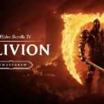 Arte oficial de The Elder Scrolls IV: Oblivion Remastered con un caballero frente a un portal de fuego, anunciado para Nintendo Switch 2