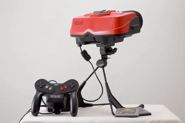 Consola Nintendo Virtual Boy con visor rojo, mando y cartucho