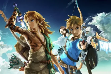 Ilustración de Link en Breath of the Wild y Tears of the Kingdom apuntando con arco en Nintendo Switch y Switch 2
