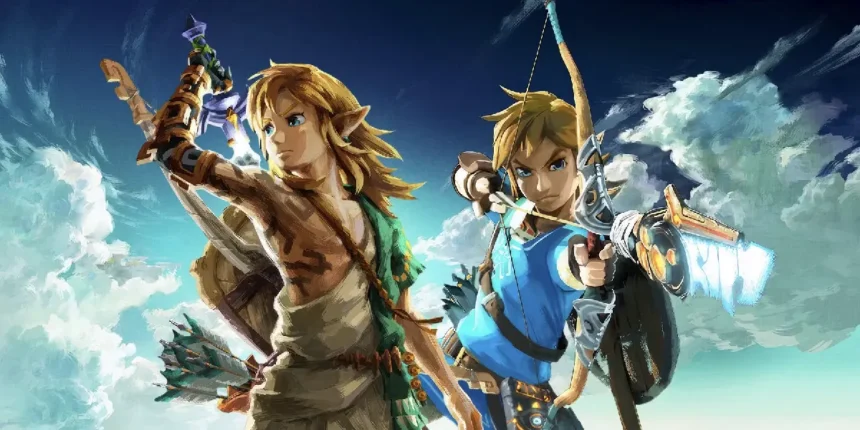 Ilustración de Link en Breath of the Wild y Tears of the Kingdom apuntando con arco en Nintendo Switch y Switch 2