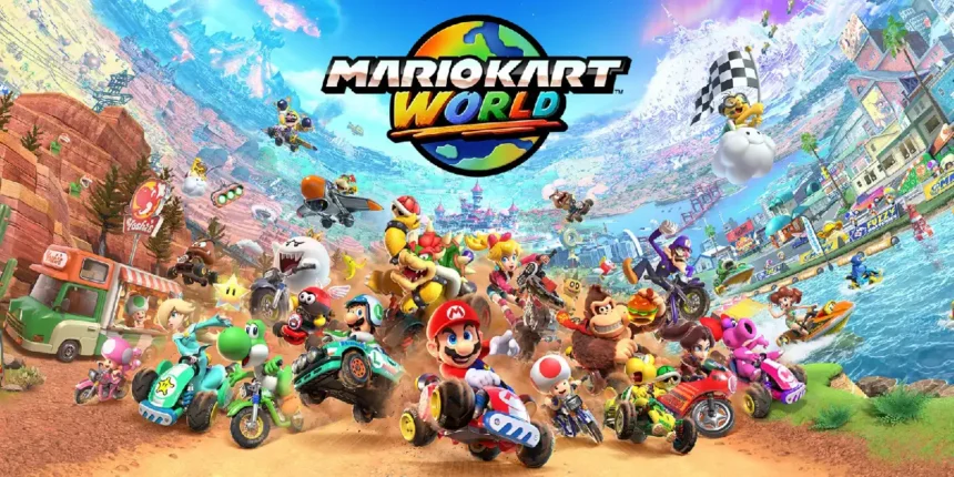 Arte promocional de Mario Kart World con Mario, Peach, Bowser y otros personajes compitiendo en karts en Nintendo Switch 2