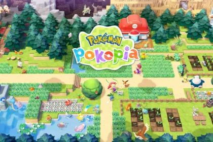 Imagen de Pokémon Pokopia con granja, cultivos, Pokémon y Centro Pokémon en Nintendo Switch 2