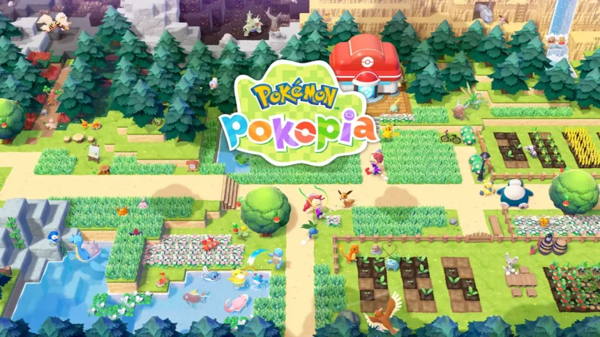 Imagen de Pokémon Pokopia con granja, cultivos, Pokémon y Centro Pokémon en Nintendo Switch 2