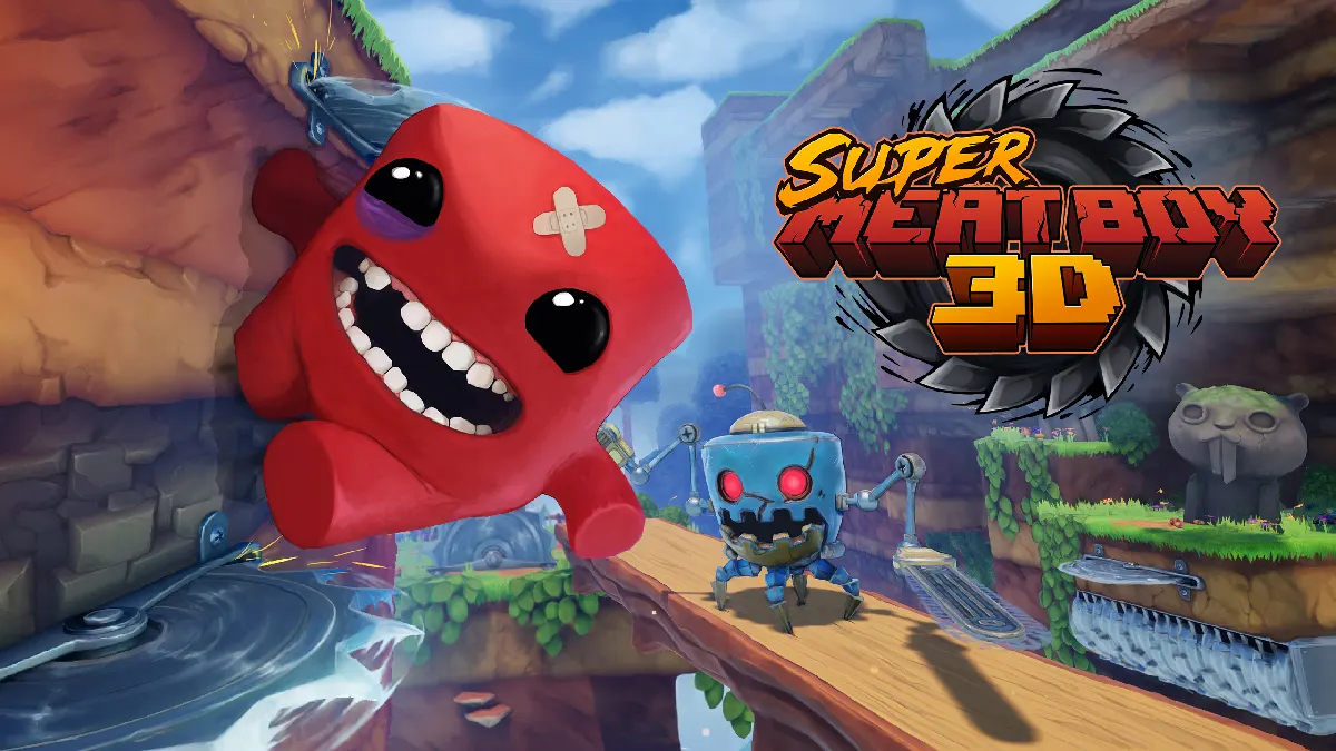Super Meat Boy 3D con el personaje saltando en un nivel 3D lleno de trampas y enemigos