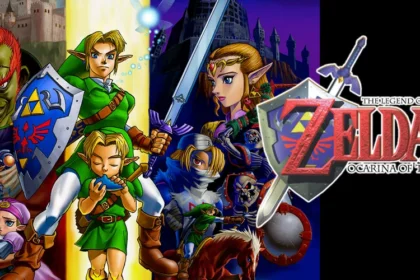 Ilustración de The Legend of Zelda Ocarina of Time con Link en distintas etapas, Zelda, Ganondorf y personajes principales del juego clásico de Nintendo 64