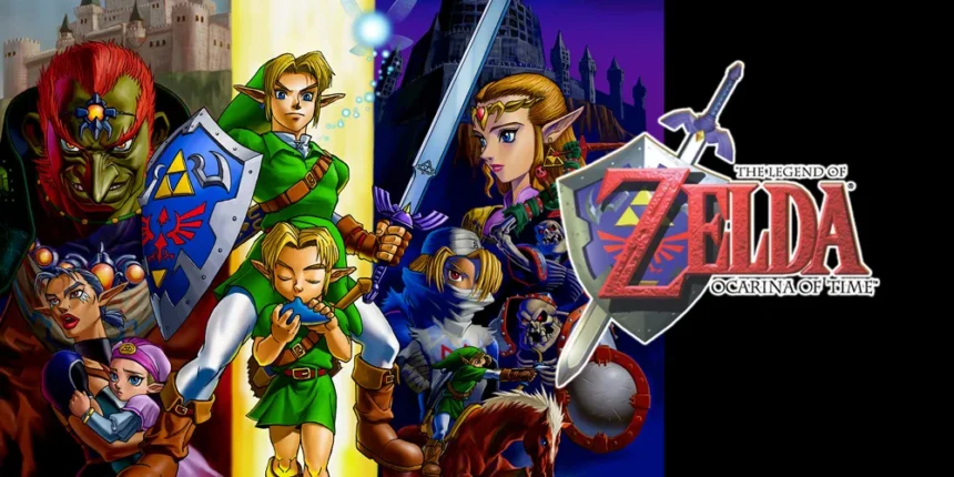 Ilustración de The Legend of Zelda Ocarina of Time con Link en distintas etapas, Zelda, Ganondorf y personajes principales del juego clásico de Nintendo 64