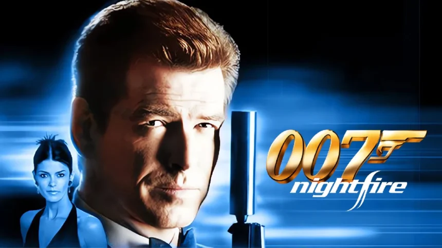 Imagen promocional de 007 Nightfire con James Bond en primer plano y pistola con silenciador, estilo clásico de espionaje