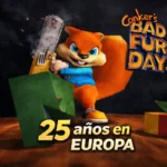 Conker con motosierra cortando el logo de Nintendo en Conker’s Bad Fur Day, celebrando 25 años en Europa en Nintendo 64