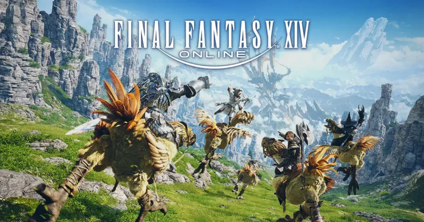 Personajes de Final Fantasy XIV Online montando chocobos en un paisaje montañoso de Eorzea