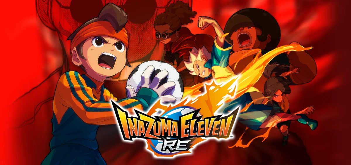 Arte promocional de Inazuma Eleven RE con Mamoru Endo y jugadores ejecutando técnicas especiales en el remake con gráficos mejorados