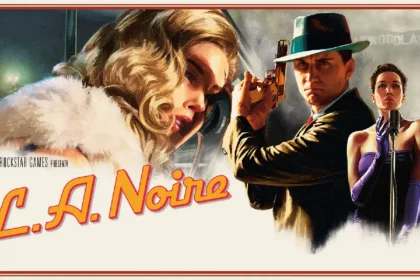 Arte promocional de L.A. Noire con detective armado y personajes estilo cine negro en Los Ángeles de los años 40