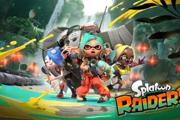 Personajes del Clan Surimi combatiendo Salmonids en Splatoon Raiders para Nintendo Switch 2 con armas de tinta y gadgets mecánicos