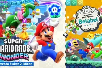 Portada de Super Mario Bros Wonder Nintendo Switch 2 Edition con Encuentro en el Parque Belabel y personajes principales de Mario