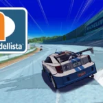 Coche de carreras derrapando en circuito en Auto Modellista con estilo cel shading y logo del juego en pantalla