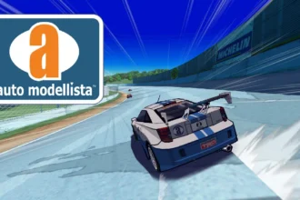 Coche de carreras derrapando en circuito en Auto Modellista con estilo cel shading y logo del juego en pantalla