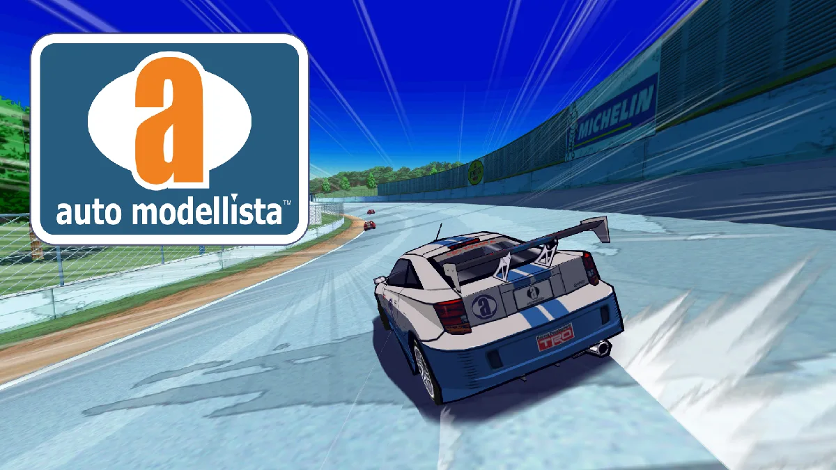Coche de carreras derrapando en circuito en Auto Modellista con estilo cel shading y logo del juego en pantalla