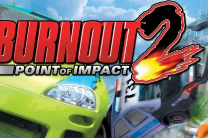 Portada de Burnout 2: Point of Impact mostrando un coche verde y un choque policial en plena carrera arcade.