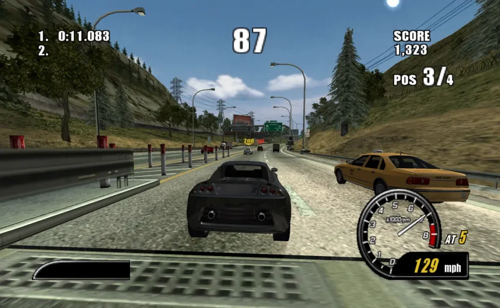 Imagen de Burnout 2: Point of Impact mostrando una carrera con tráfico intenso y conducción a gran velocidad en carretera.