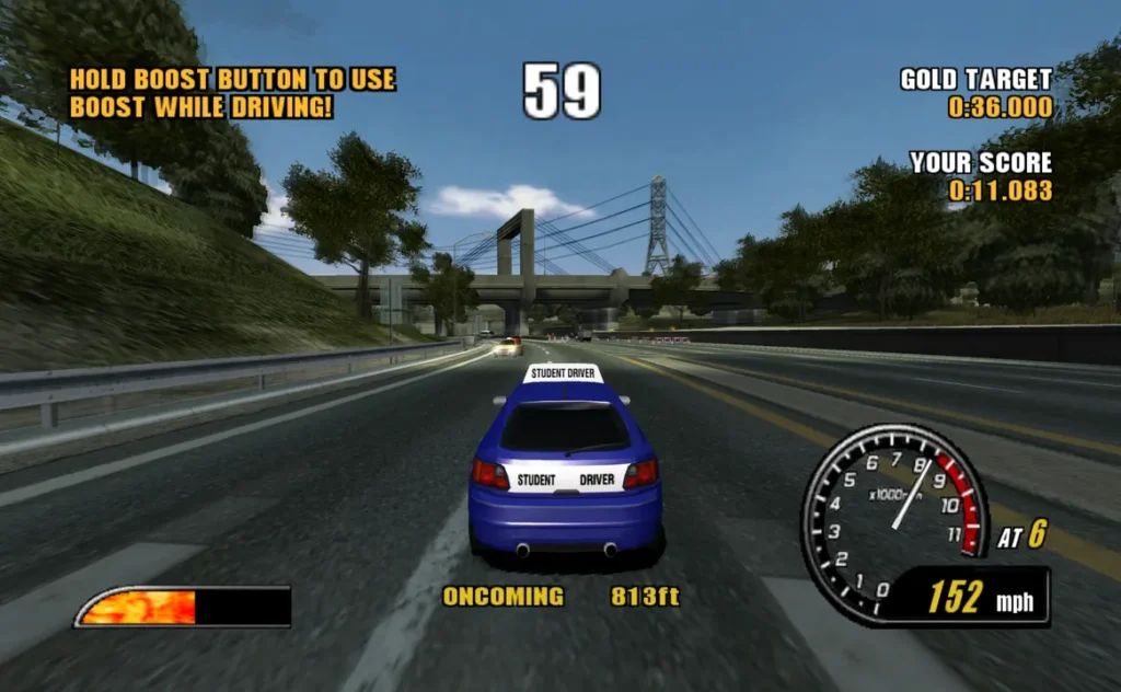 Captura de gameplay de Burnout 2: Point of Impact mostrando una carrera a alta velocidad con tráfico y uso del turbo Boost.