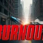 Imagen promocional de Burnout con un espectacular choque entre coches en una ciudad mostrando la velocidad y acción del juego