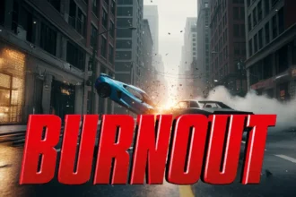 Imagen promocional de Burnout con un espectacular choque entre coches en una ciudad mostrando la velocidad y acción del juego