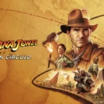Imagen promocional de Indiana Jones y el Gran Círculo con Indiana Jones, villanos, mapa antiguo y escenas de aventura en Egipto y templos