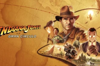 Imagen promocional de Indiana Jones y el Gran Círculo con Indiana Jones, villanos, mapa antiguo y escenas de aventura en Egipto y templos