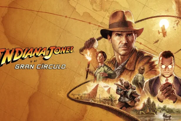Imagen promocional de Indiana Jones y el Gran Círculo con Indiana Jones, villanos, mapa antiguo y escenas de aventura en Egipto y templos