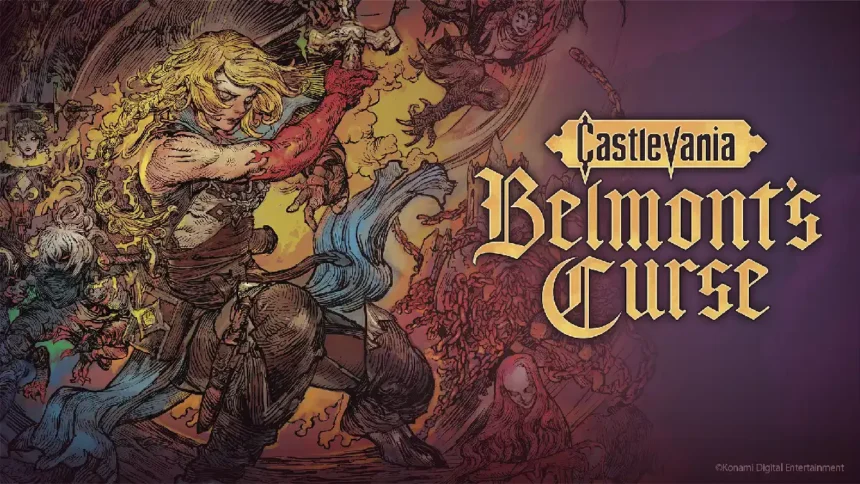 Arte oficial de Castlevania Belmont’s Curse con Rose Belmont luchando contra criaturas en el castillo de Drácula