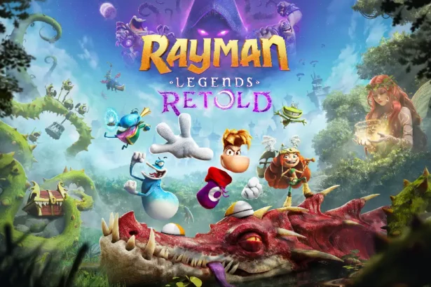 Arte promocional de Rayman Legends Retold para Nintendo Switch 2 con Rayman, Globox y un dragón gigante en el Claro de los Sueños